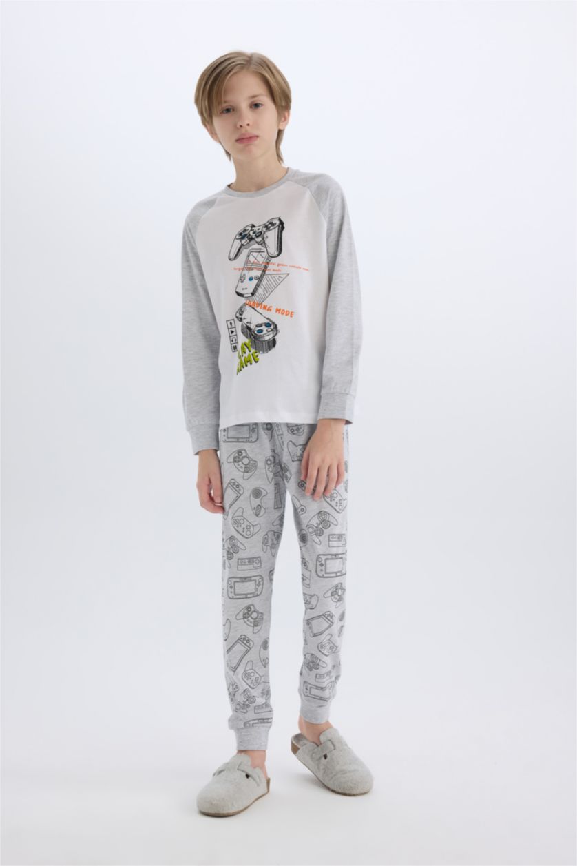 Erkek Çocuk - Genç Erkek Optik Gri Melanj Erkek Çocuk Pijama Takımı Baskılı Uzun Kollu Üst Uzun Alt