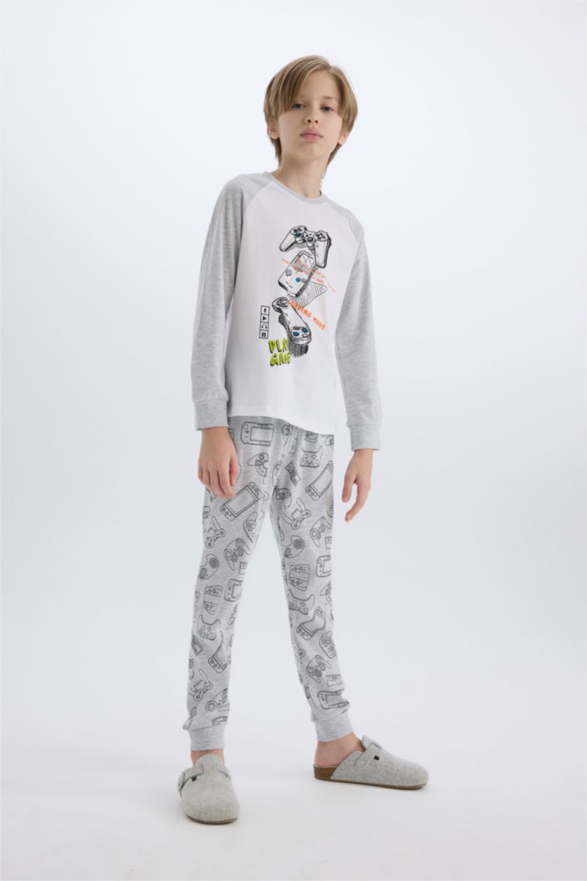 Erkek Çocuk - Genç Erkek Optik Gri Melanj Erkek Çocuk Pijama Takımı Baskılı Uzun Kollu Üst Uzun Alt