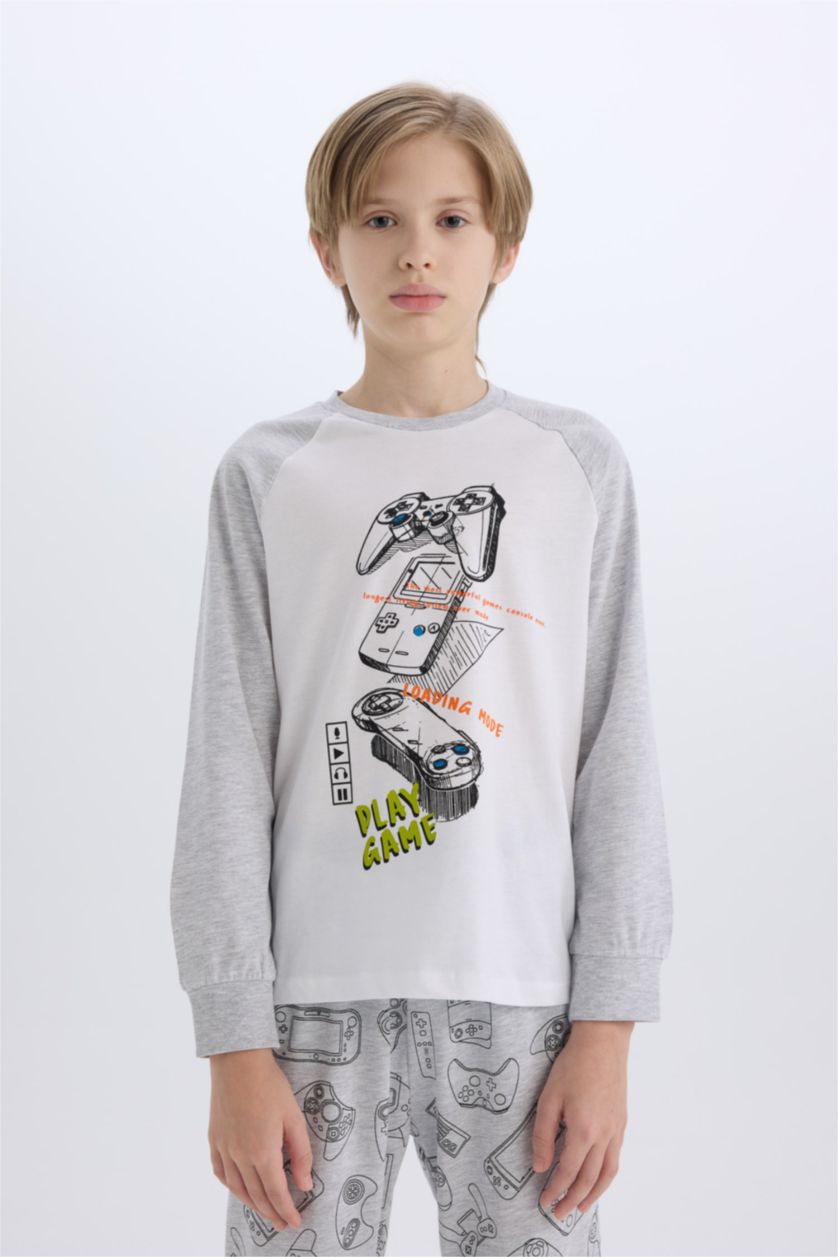 Erkek Çocuk - Genç Erkek Optik Gri Melanj Erkek Çocuk Pijama Takımı Baskılı Uzun Kollu Üst Uzun Alt