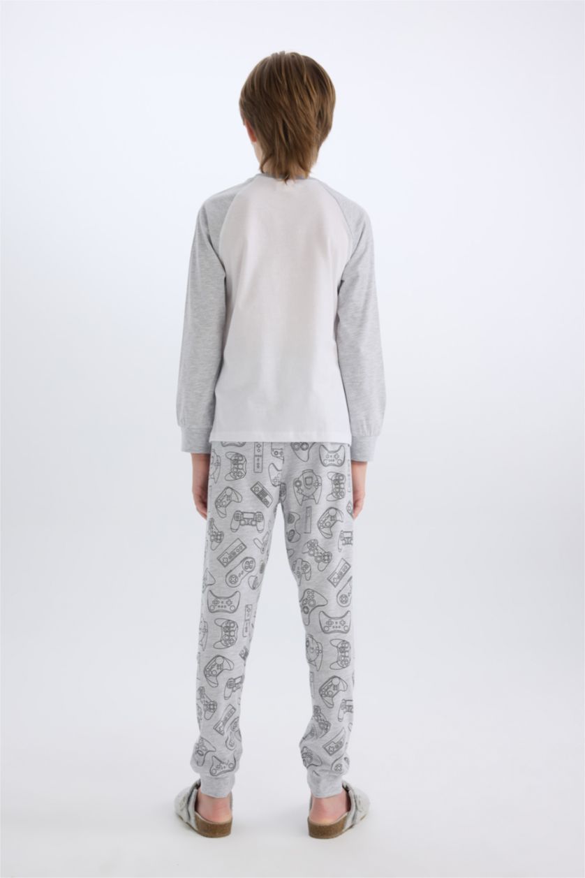 Erkek Çocuk - Genç Erkek Optik Gri Melanj Erkek Çocuk Pijama Takımı Baskılı Uzun Kollu Üst Uzun Alt