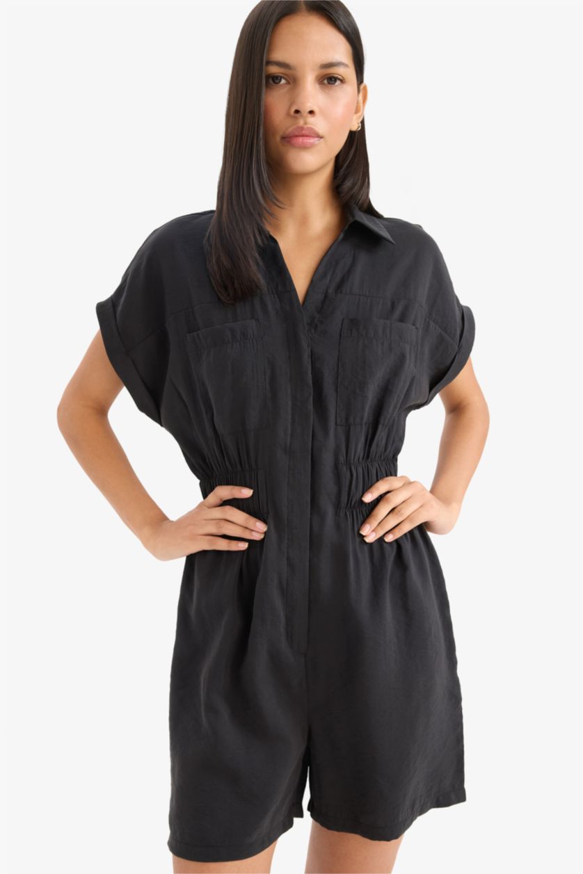 Женщины Черный Комбинезон с коротким рукавом из модала с рубашечным воротником