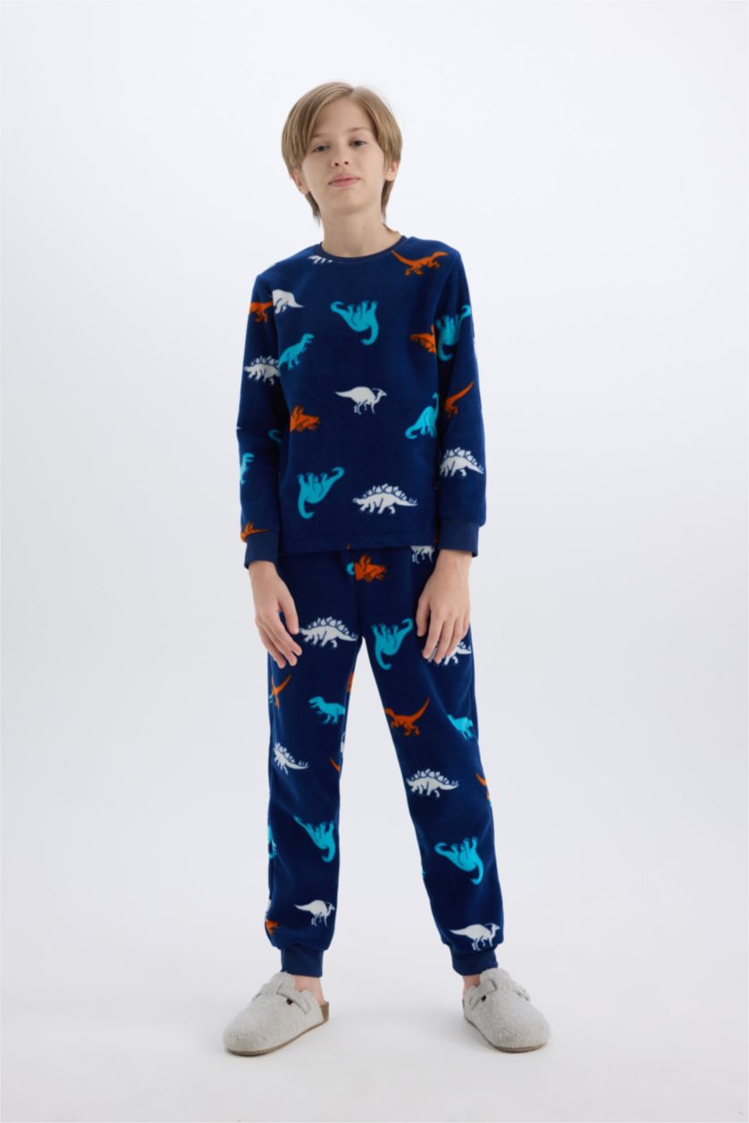 Erkek Çocuk - Genç Erkek Lacivert Erkek Çocuk Polar Pijama Takımı Dinozor Desenli Uzun Kollu Üst Uzun Alt