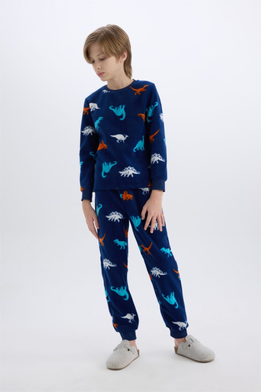 Erkek Çocuk - Genç Erkek Lacivert Erkek Çocuk Polar Pijama Takımı Dinozor Desenli Uzun Kollu Üst Uzun Alt