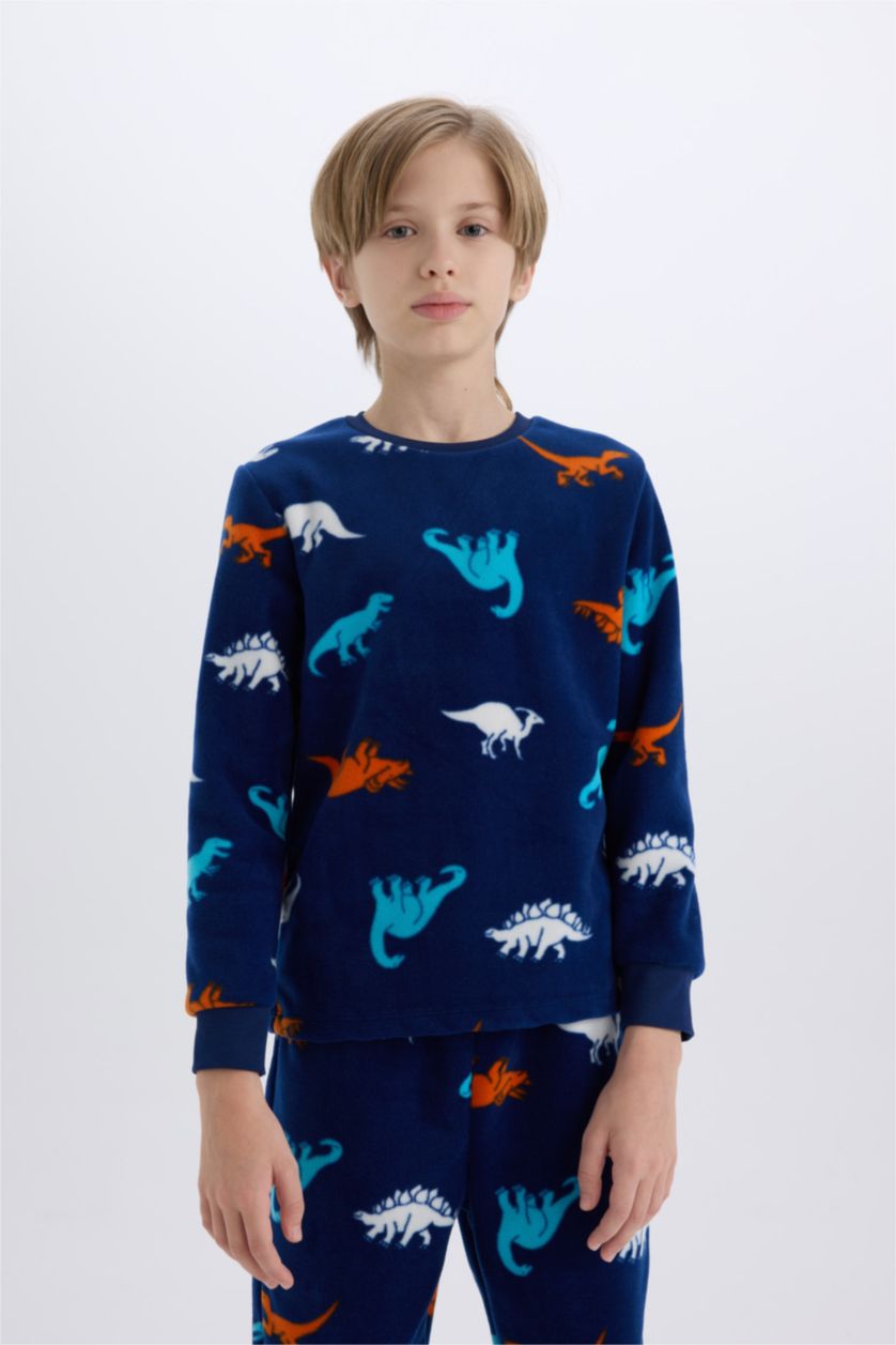 Erkek Çocuk - Genç Erkek Lacivert Erkek Çocuk Polar Pijama Takımı Dinozor Desenli Uzun Kollu Üst Uzun Alt