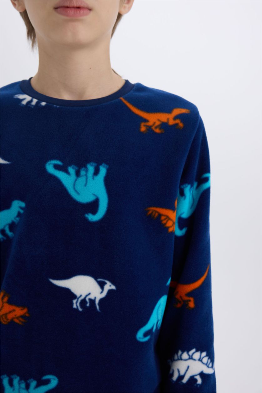 Erkek Çocuk - Genç Erkek Lacivert Erkek Çocuk Polar Pijama Takımı Dinozor Desenli Uzun Kollu Üst Uzun Alt