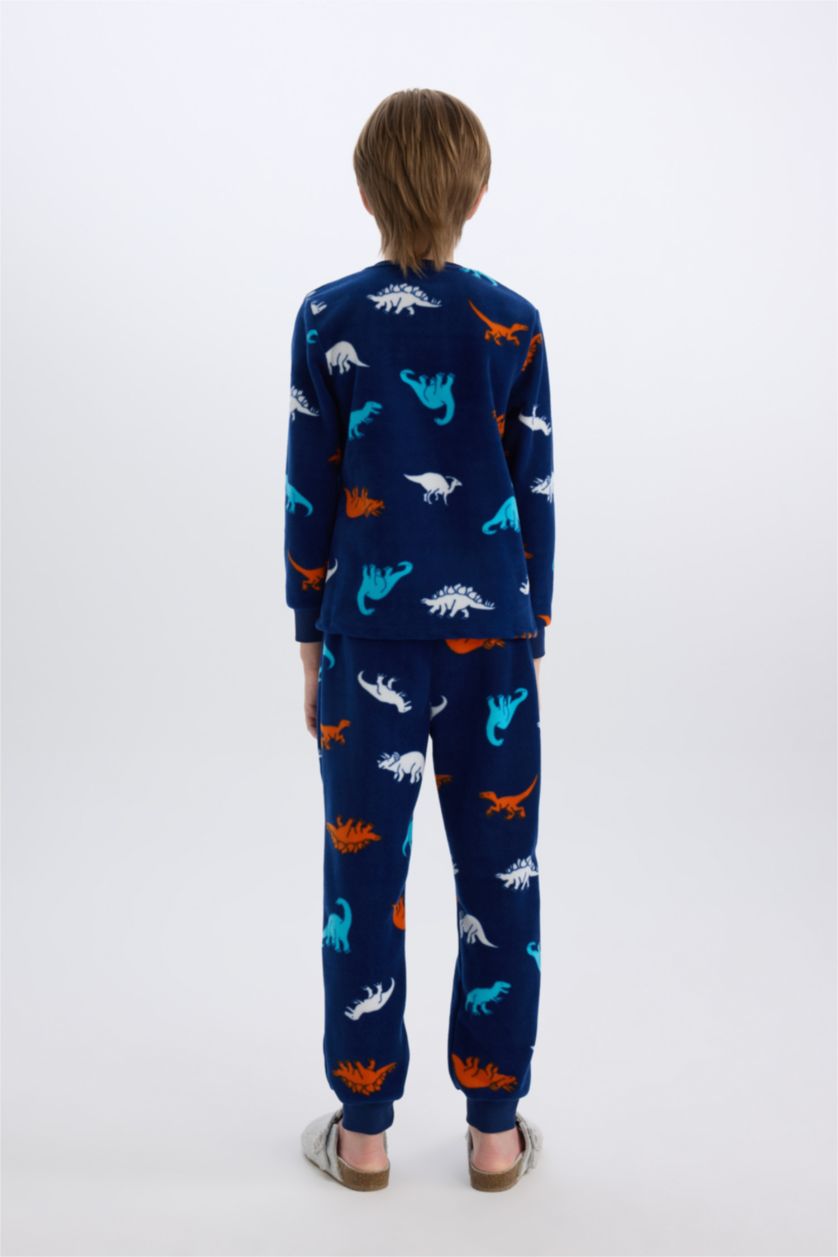 Erkek Çocuk - Genç Erkek Lacivert Erkek Çocuk Polar Pijama Takımı Dinozor Desenli Uzun Kollu Üst Uzun Alt