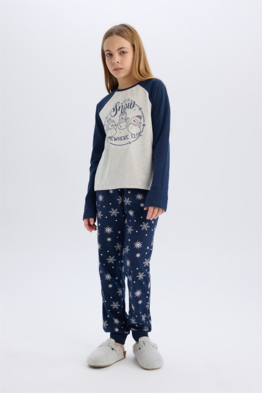بناتي ميلانج رمادي طقم بيجاما بناتي قصة عادية بطبعة كريسماس - قطعتين