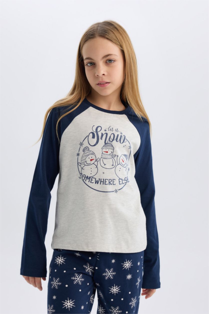 بناتي ميلانج رمادي طقم بيجاما بناتي قصة عادية بطبعة كريسماس - قطعتين