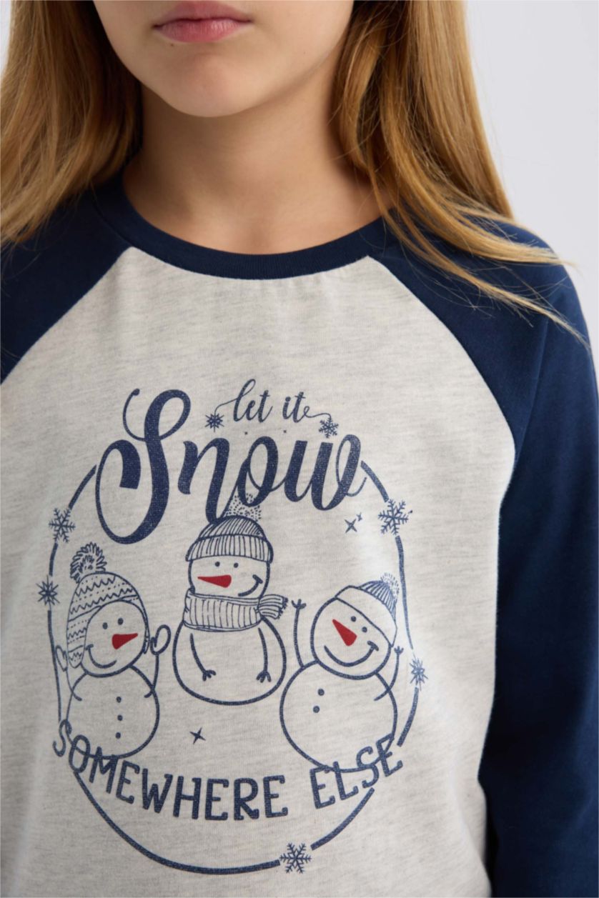 بناتي ميلانج رمادي طقم بيجاما بناتي قصة عادية بطبعة كريسماس - قطعتين