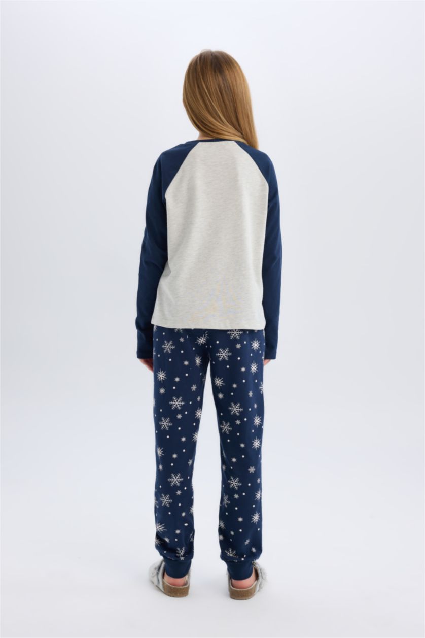 بناتي ميلانج رمادي طقم بيجاما بناتي قصة عادية بطبعة كريسماس - قطعتين