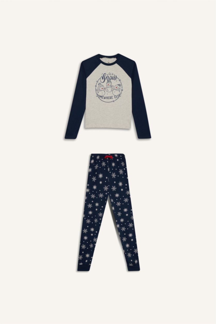 بناتي ميلانج رمادي طقم بيجاما بناتي قصة عادية بطبعة كريسماس - قطعتين