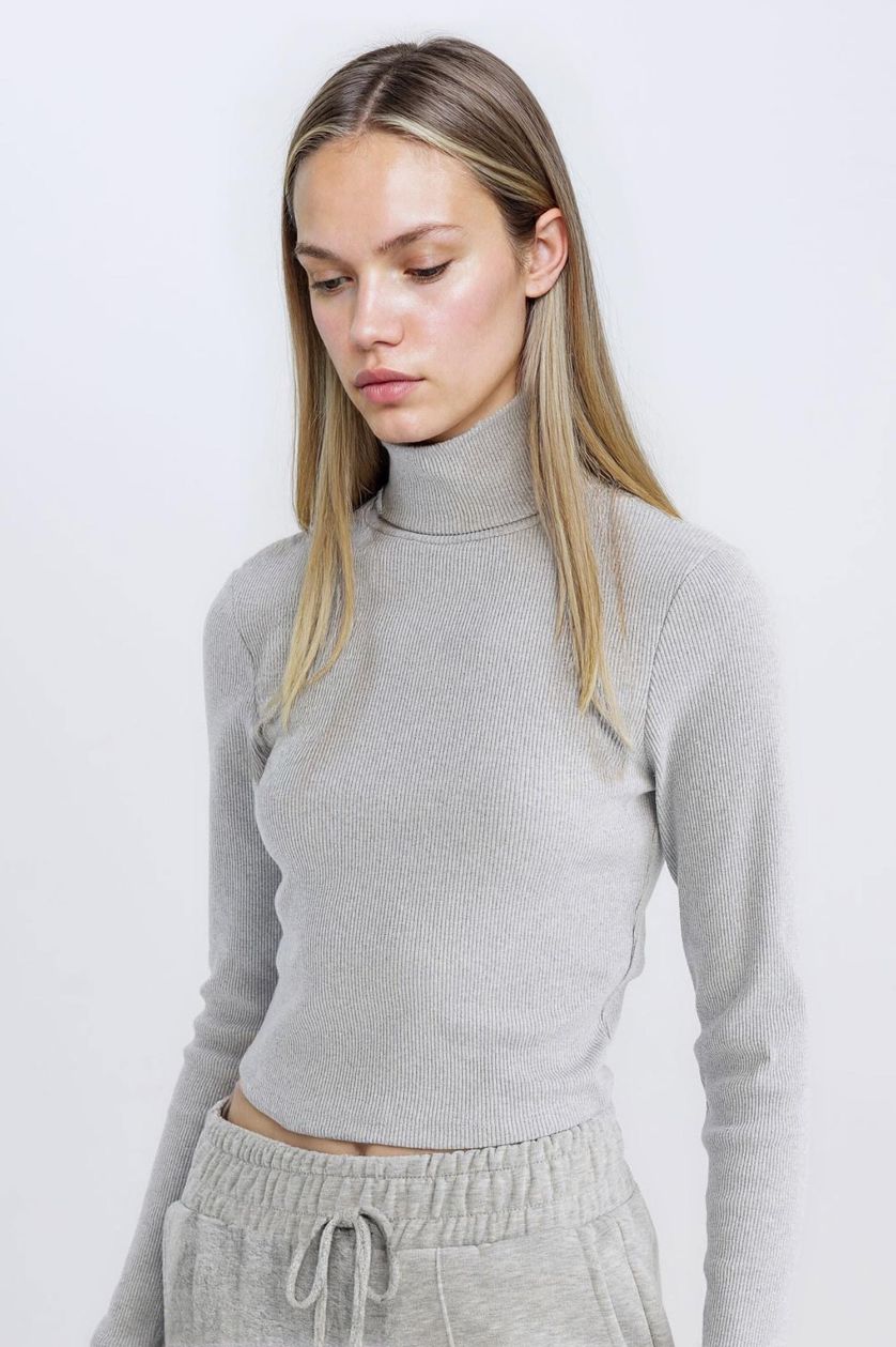 Kadın Gri Melanj Fitted Balıkçı Yaka Fitilli Kaşkorse Basic Düz Uzun Kollu Tişört