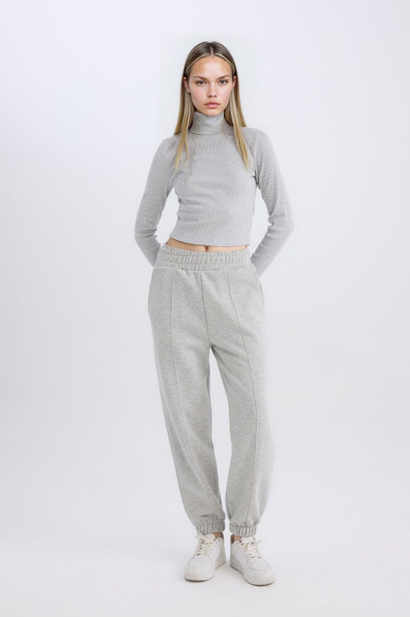 Kadın Gri Melanj Fitted Balıkçı Yaka Fitilli Kaşkorse Basic Düz Uzun Kollu Tişört