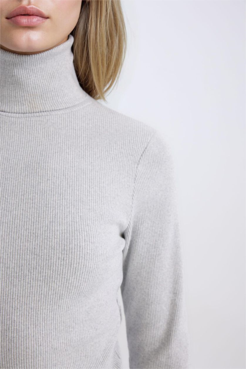 Kadın Gri Melanj Fitted Balıkçı Yaka Fitilli Kaşkorse Basic Düz Uzun Kollu Tişört