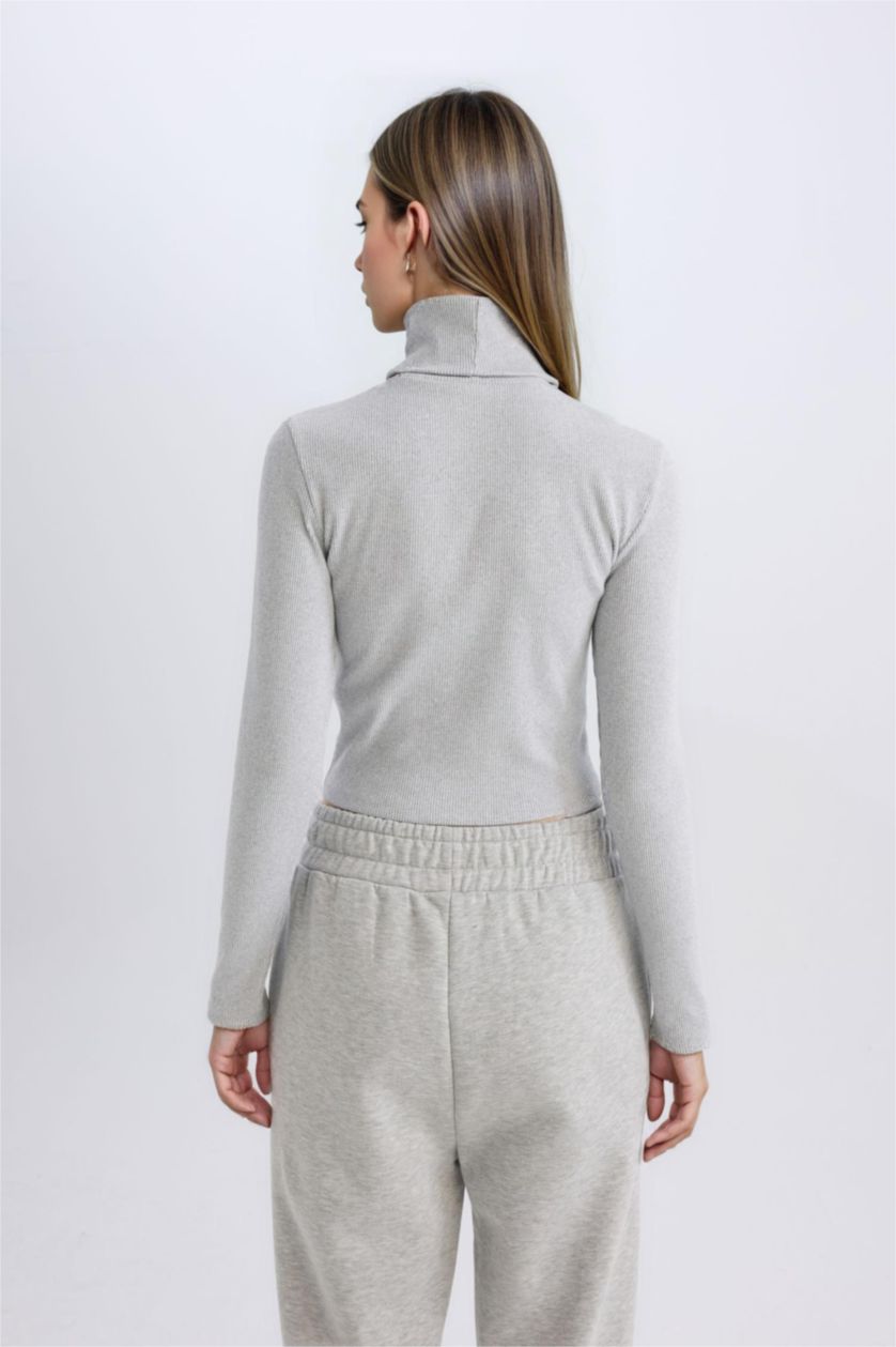 Kadın Gri Melanj Fitted Balıkçı Yaka Fitilli Kaşkorse Basic Düz Uzun Kollu Tişört