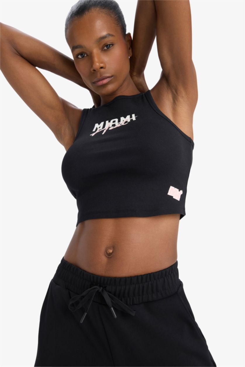 Kadın Siyah NBA Miami Heat Crop Bisiklet Yaka Fitilli Kaşkorse Sporcu Atlet