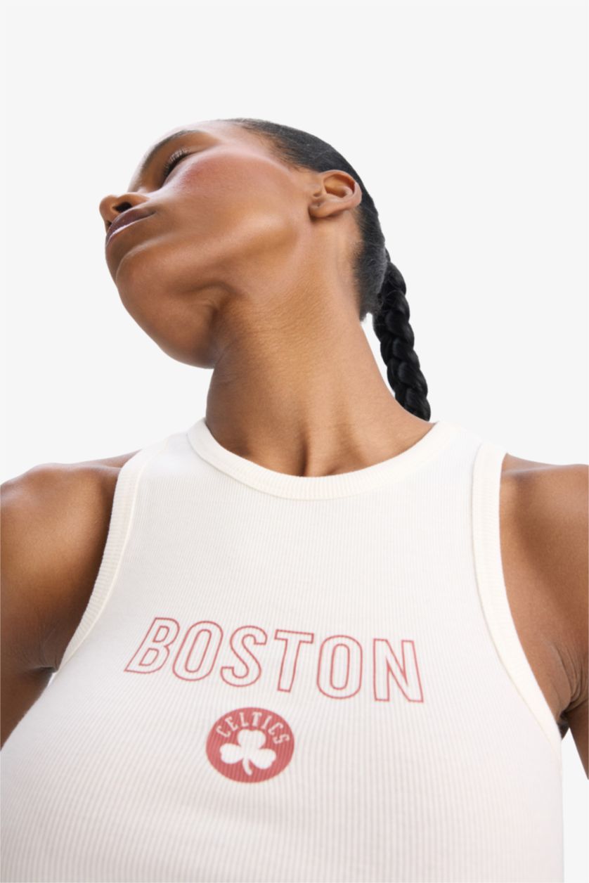 Kadın Ekru NBA Boston Celtıcs Crop Top Bisiklet Yaka Fitilli Kaşkorse Sporcu Atlet