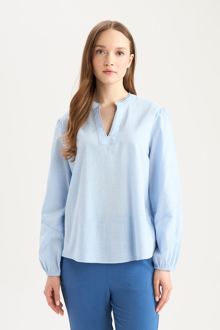 نساء أزرق فاتح بلوزة كم طويل قصة عادية برقبة مستديرة من قطن