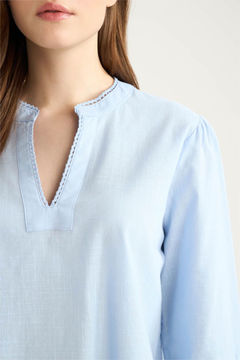 نساء أزرق فاتح بلوزة كم طويل قصة عادية برقبة مستديرة من قطن