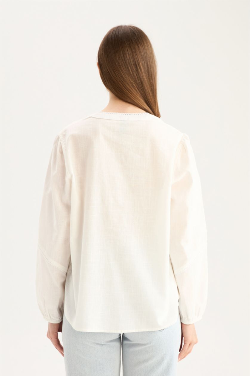 نساء بيج فاتح بلوزة كم طويل قصة عادية من قطن برقبة مستديرة