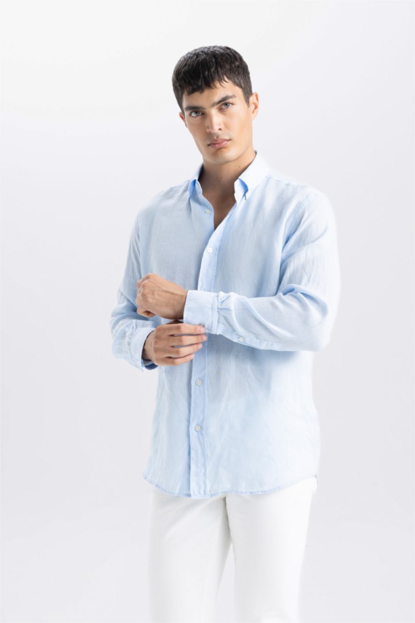 HOMME BLEU Clair Chemise en lin à manches longues Coupe régulière