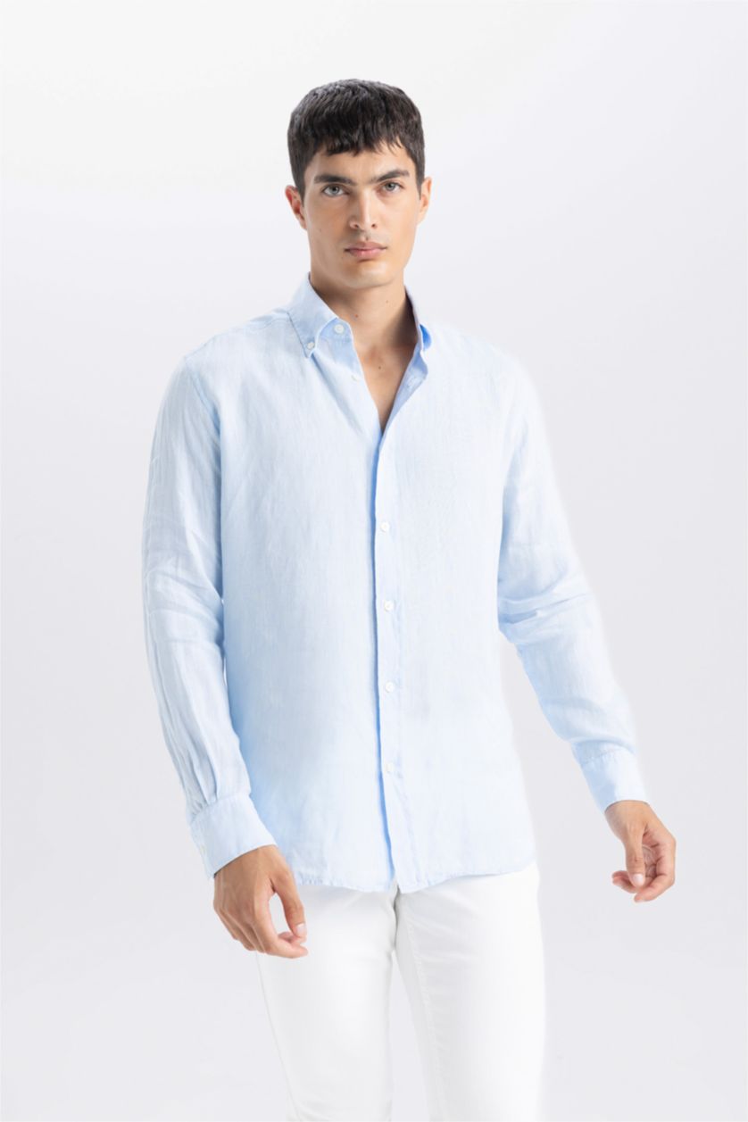 HOMME BLEU Clair Chemise en lin à manches longues Coupe régulière