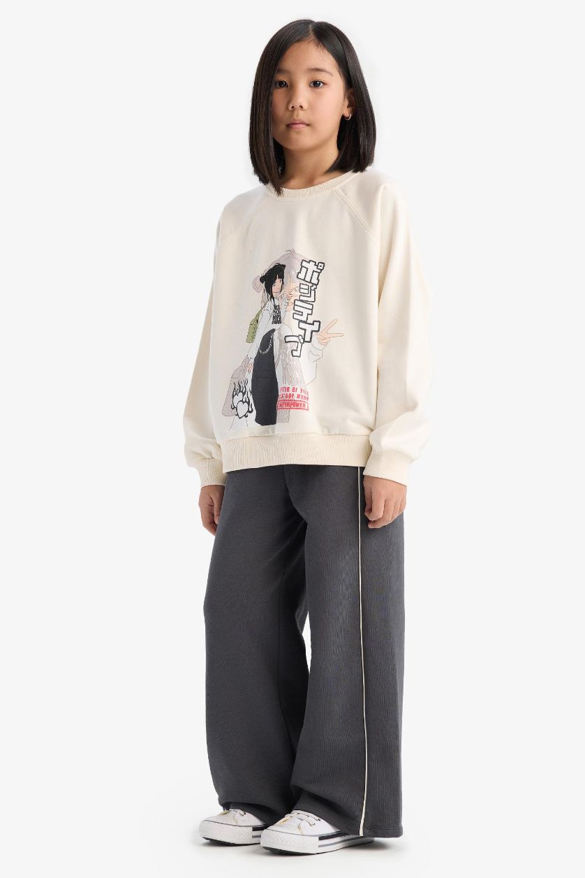 Kız Çocuk - Genç Kız Ekru Relax Fit Bisiklet Yaka Anime Baskılı Sweatshirt Kız Çocuk