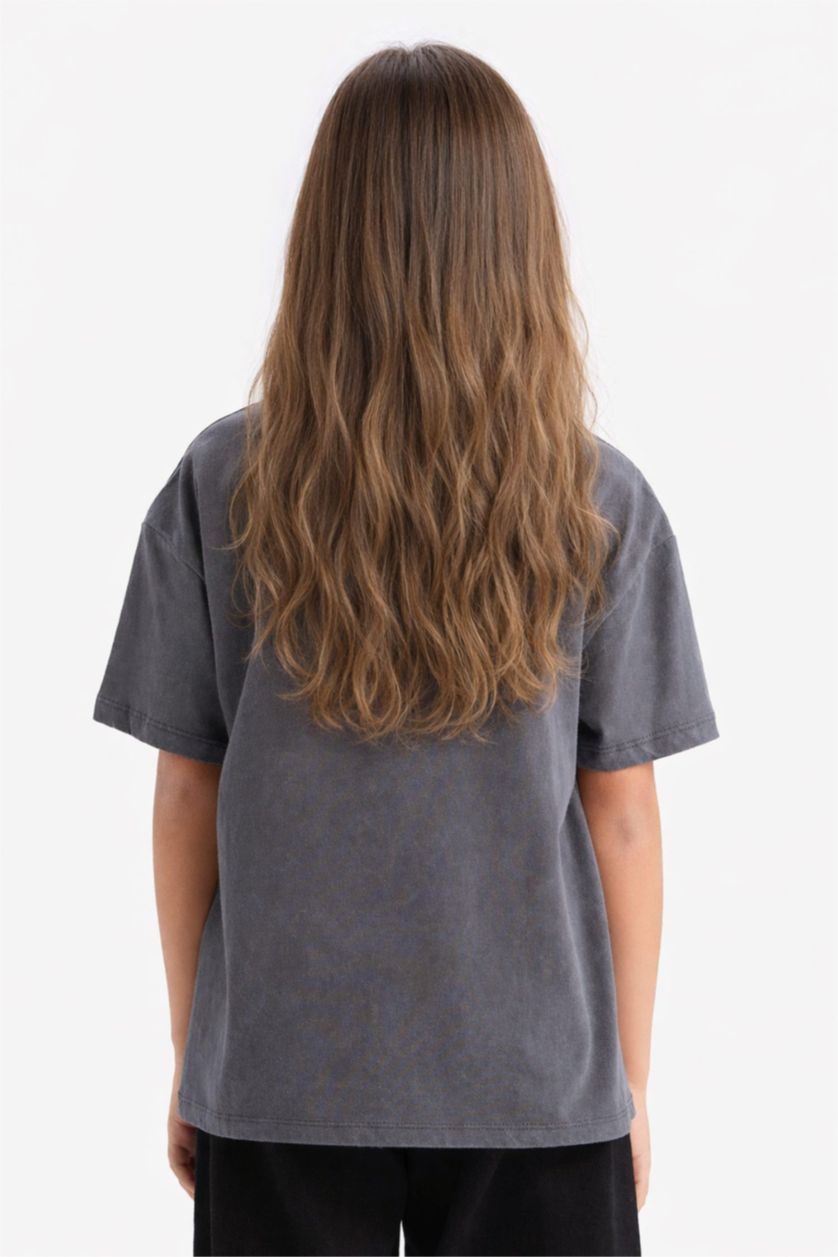 Kız Çocuk - Genç Kız Antrasit Snoopy Relax Fit Bisiklet Yaka Kısa Kollu Tişört Kız Çocuk