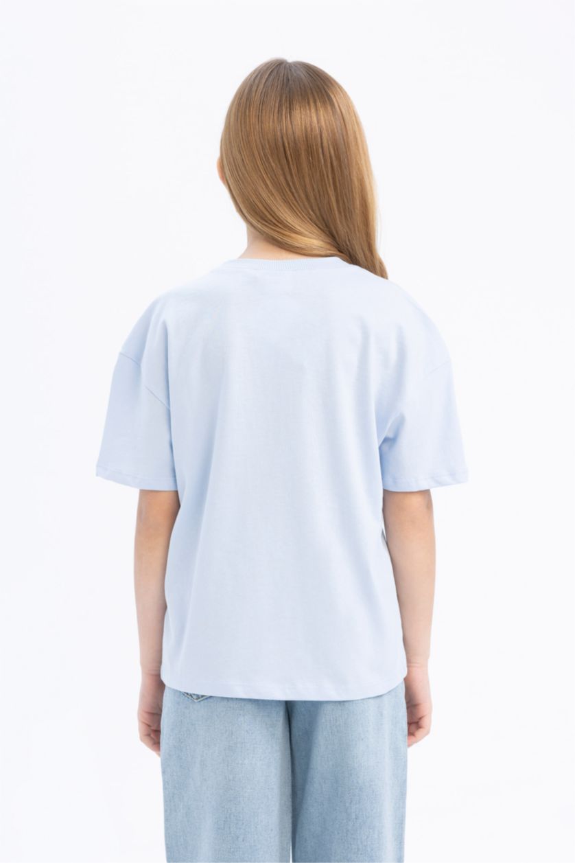 بنات أزرق فاتح تيشيرت بنات نص كم مطبوع قصة مريحة برقبة مستديرة