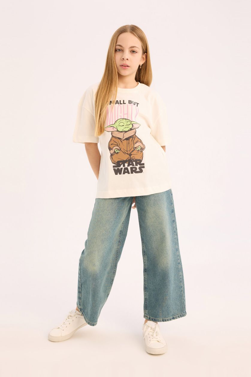 Kız Çocuk - Genç Kız Ekru Star Wars-Mandalorian Oversize Geniş Kalıp Bisiklet Yaka Kısa Kollu Tişört Kız Çocuk