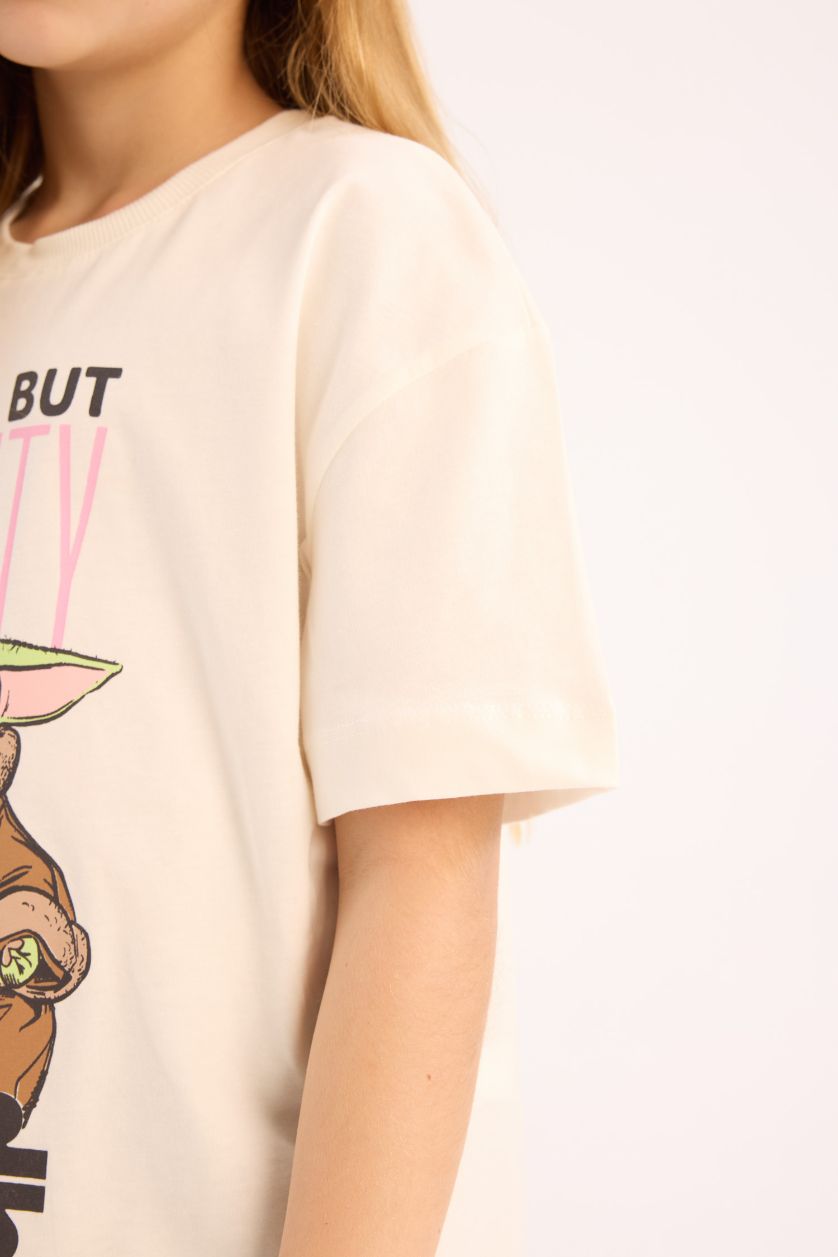 Kız Çocuk - Genç Kız Ekru Star Wars-Mandalorian Oversize Geniş Kalıp Bisiklet Yaka Kısa Kollu Tişört Kız Çocuk