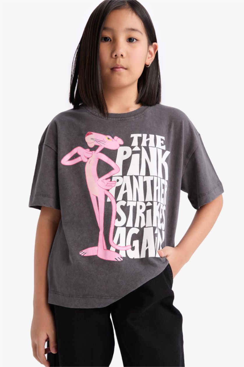 Қыздар Және Жасөспірімдер Антрацит Қыздарға Pink Panther Лицензиялық дөңгелек жаға Аниме қысқа жеңді Қысқа жеңді футболка
