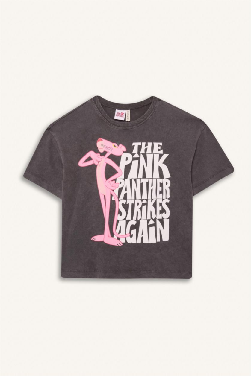 Қыздар Және Жасөспірімдер Антрацит Қыздарға Pink Panther Лицензиялық дөңгелек жаға Аниме қысқа жеңді Қысқа жеңді футболка