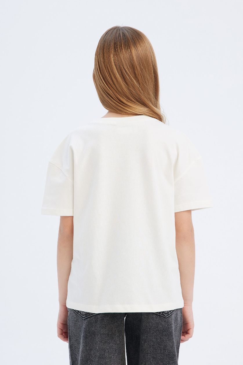 Kız Çocuk - Genç Kız Ekru Tom & Jerry Relax Fit Bisiklet Yaka Kısa Kollu Tişört Kız Çocuk