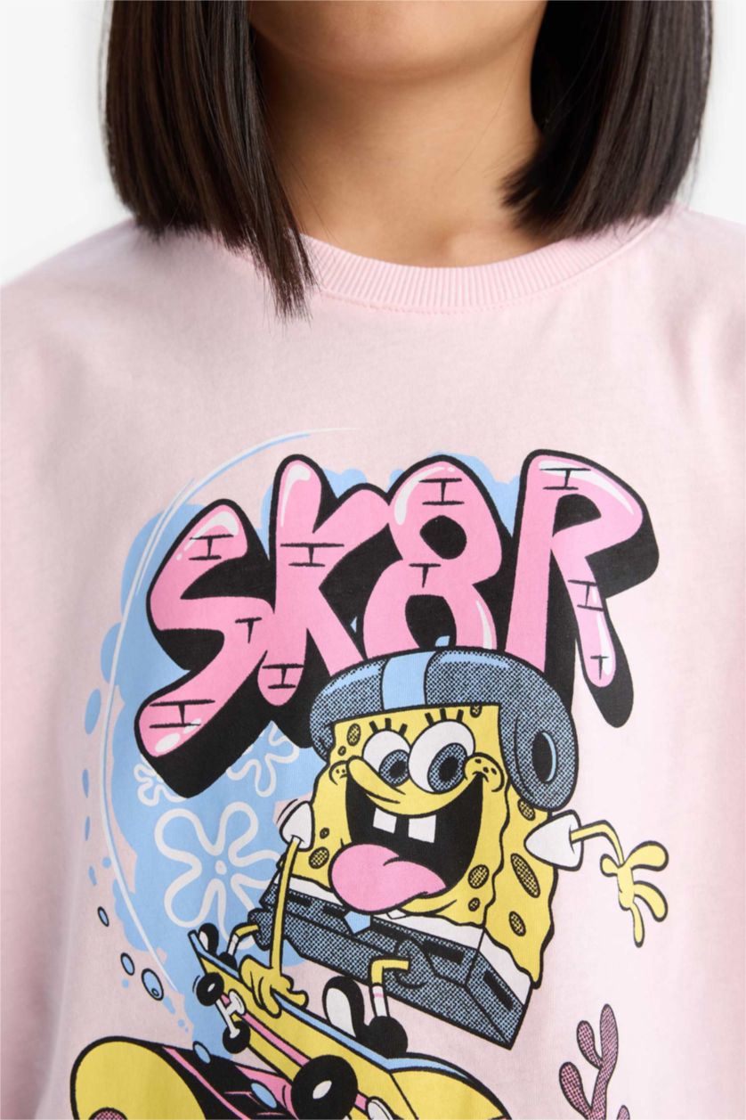 Kız Çocuk - Genç Kız Açık Pembe SpongeBob Oversize Geniş Kalıp Bisiklet Yaka Kısa Kollu Tişört Kız Çocuk