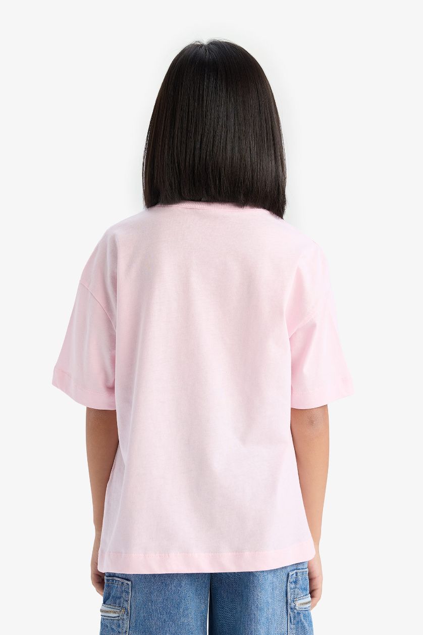 Kız Çocuk - Genç Kız Açık Pembe SpongeBob Oversize Geniş Kalıp Bisiklet Yaka Kısa Kollu Tişört Kız Çocuk