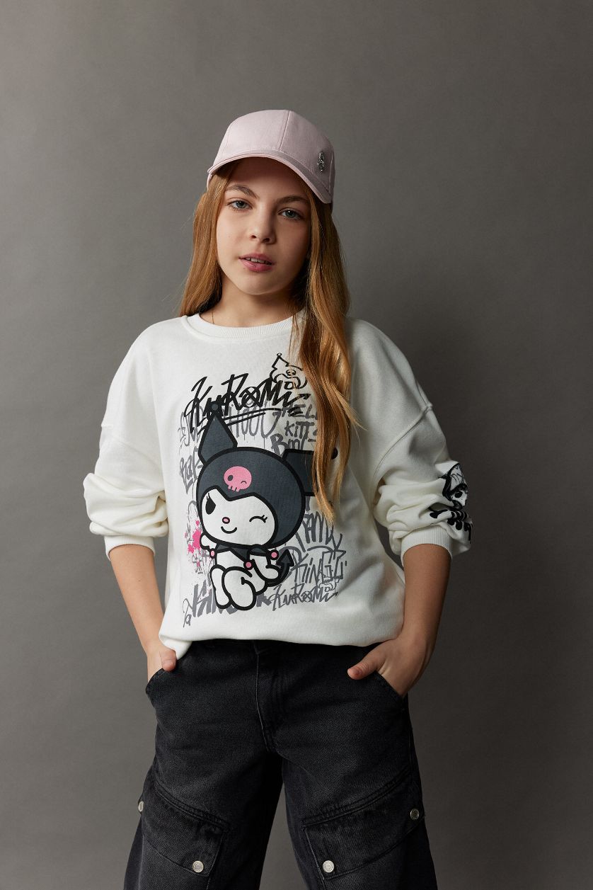 FILLES Écru Sweatshirt oversize imprimé Kuromi à col rond pour fille