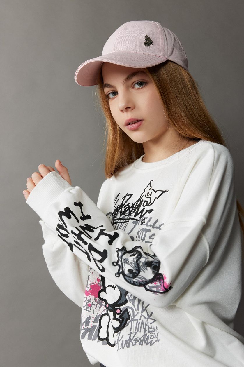 FILLES Écru Sweatshirt oversize imprimé Kuromi à col rond pour fille