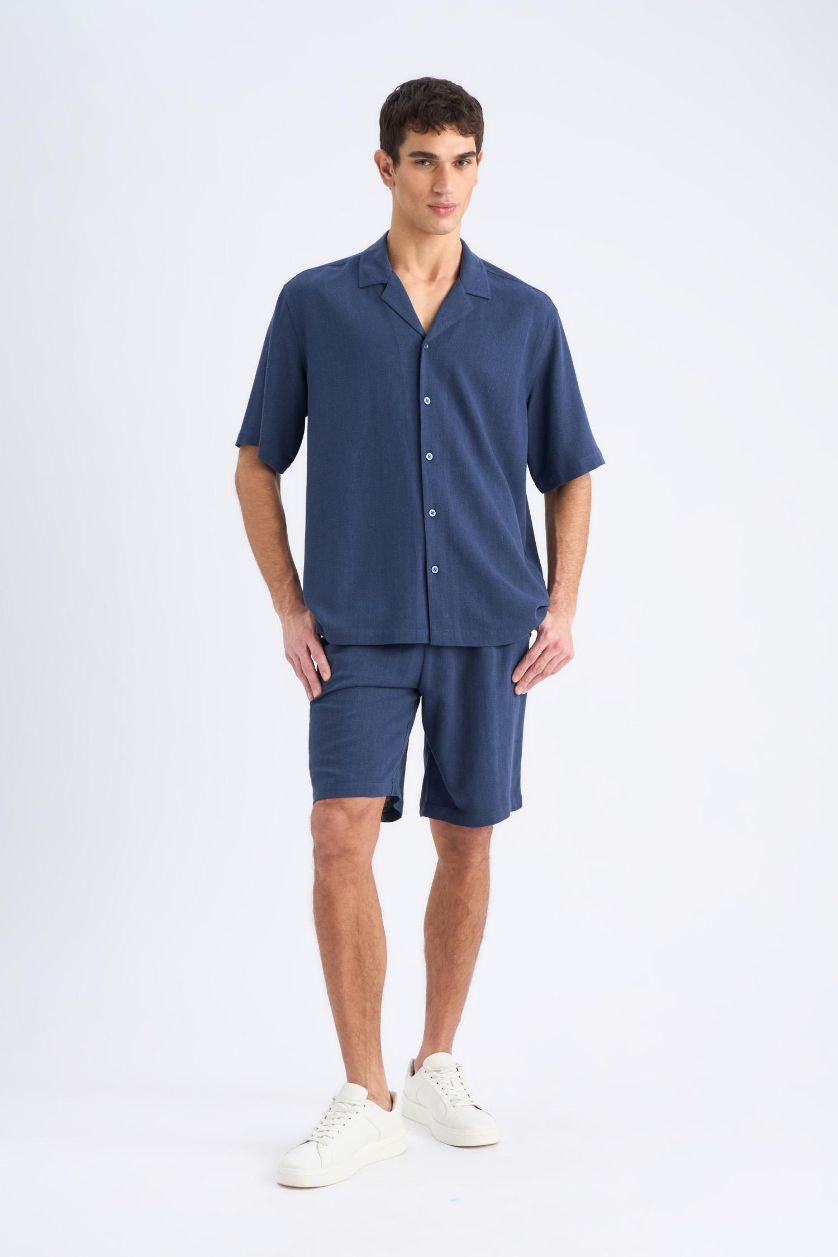 رجال كحلي شورت قصة مريحة من مزيج الكتان