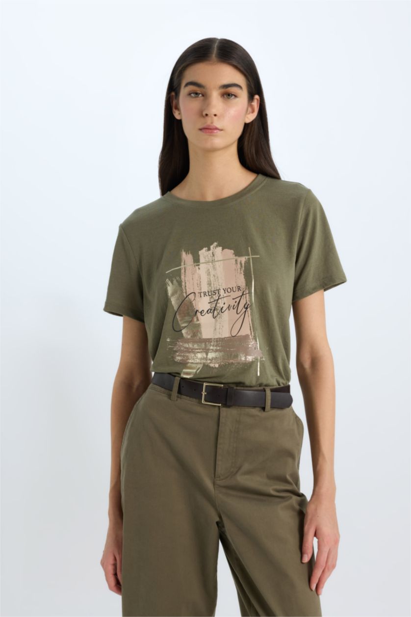 Woman Khaki Regular Fit Crew Neck Printed Short Sleeve T-Shirt
