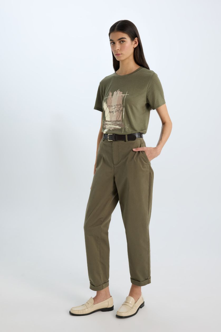 Woman Khaki Regular Fit Crew Neck Printed Short Sleeve T-Shirt