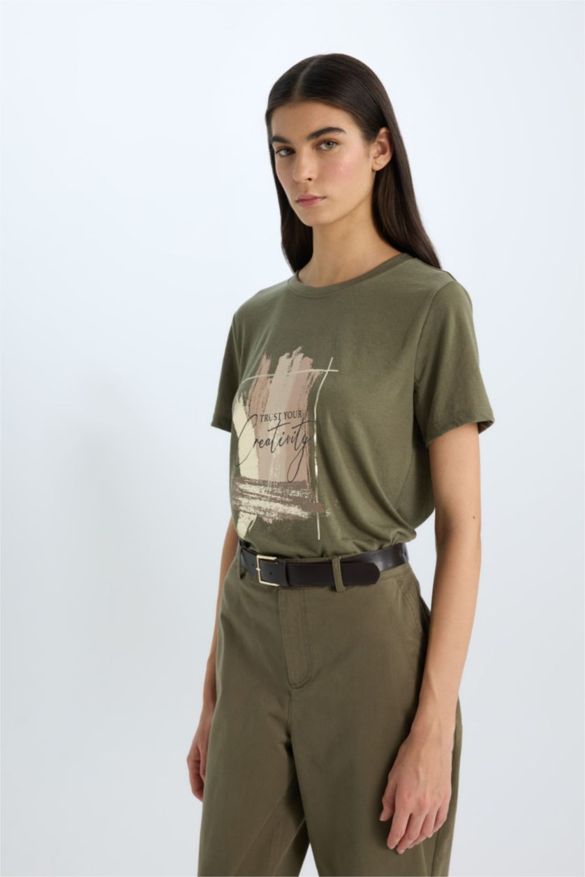 Woman Khaki Regular Fit Crew Neck Printed Short Sleeve T-Shirt
