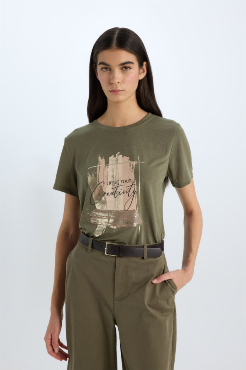 Woman Khaki Regular Fit Crew Neck Printed Short Sleeve T-Shirt