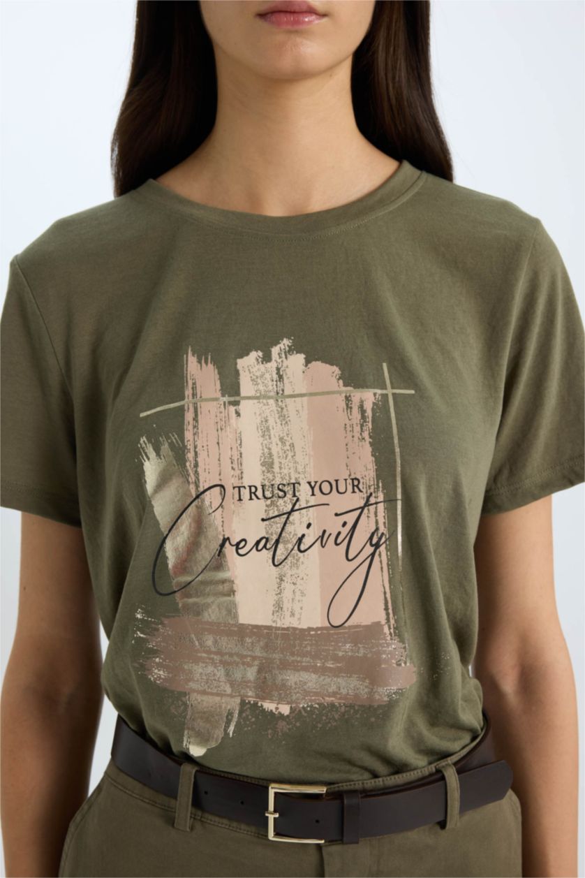 Woman Khaki Regular Fit Crew Neck Printed Short Sleeve T-Shirt