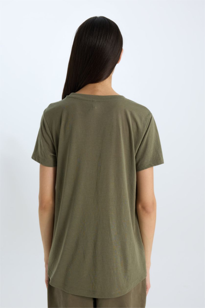 Woman Khaki Regular Fit Crew Neck Printed Short Sleeve T-Shirt
