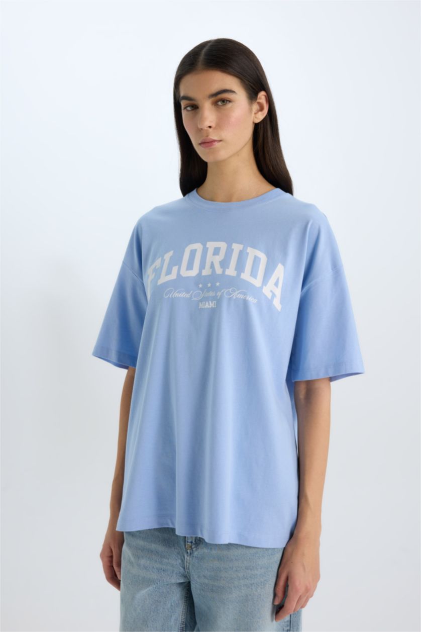 نساء أزرق فاتح تيشيرت نص ردن كاجوال اوفر سايز بياخة مستديرة