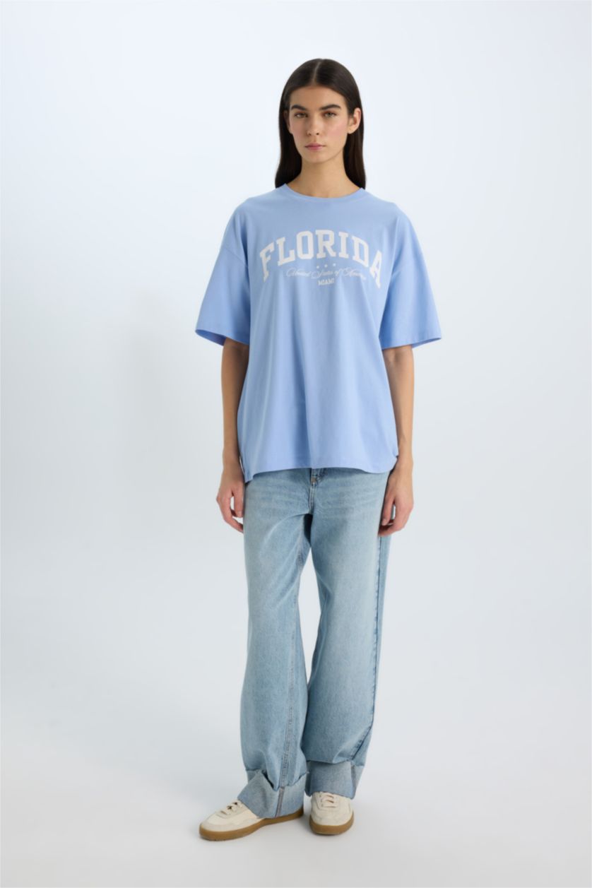 نساء أزرق فاتح تيشيرت نص ردن كاجوال اوفر سايز بياخة مستديرة