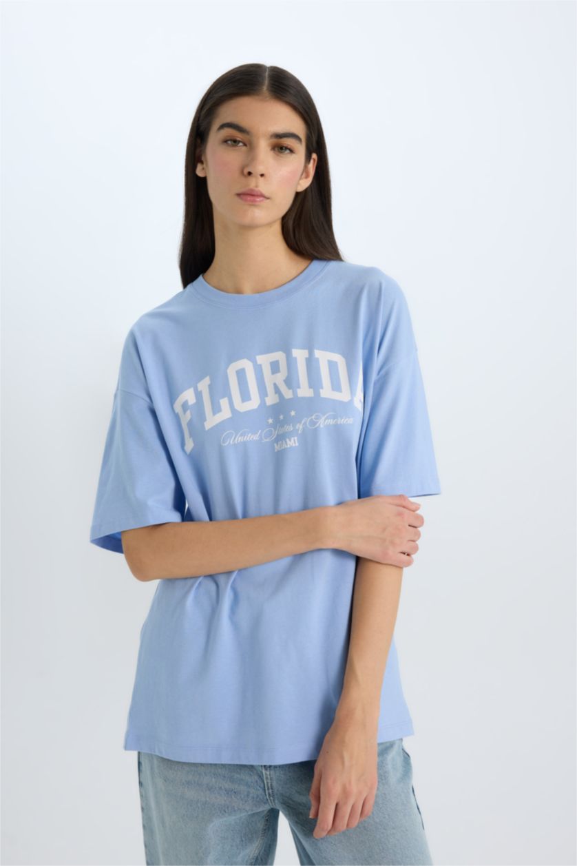 نساء أزرق فاتح تيشيرت نص ردن كاجوال اوفر سايز بياخة مستديرة