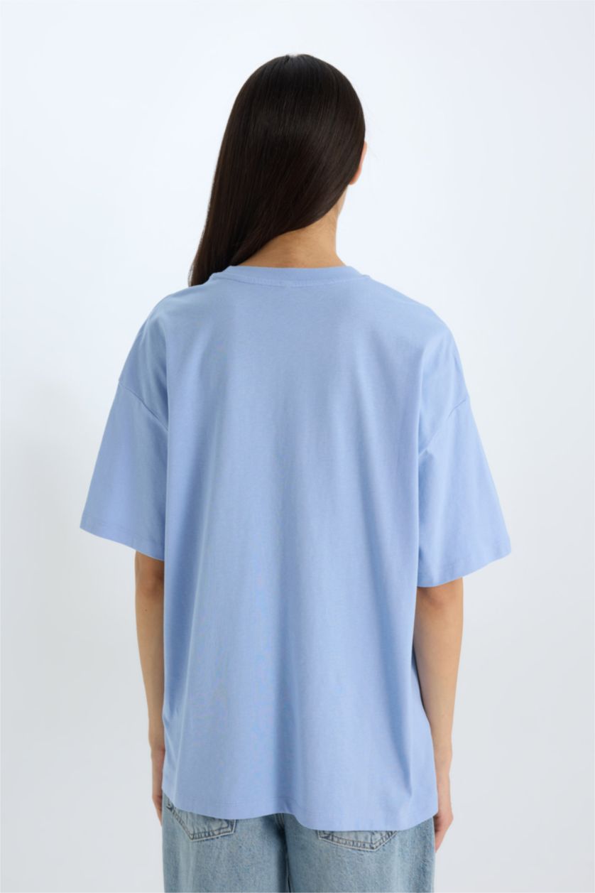 نساء أزرق فاتح تيشيرت نص ردن كاجوال اوفر سايز بياخة مستديرة