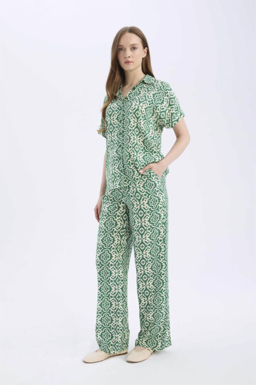 Kadın Yeşil Regular Fit Desenli Beli Lastikli Düz Paça Pantolon